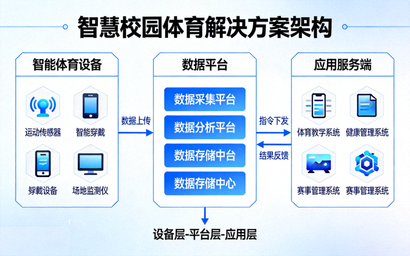 智慧校园体育解决方案架构示意图，展示设备、平台与数据流